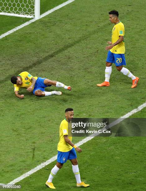 Brazil players react during the 2018 FIFA World Cup Russia Quarter Final match between Brazil and Belgium at Kazan Arena on July 6, 2018 in Kazan,...