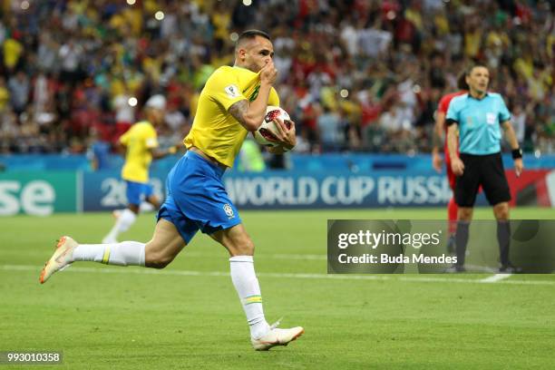 Renato Augusto of Brazil celebrates after scoring his team's first goal during the 2018 FIFA World Cup Russia Quarter Final match between Brazil and...