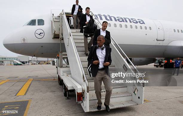Jerome Boateng and Heiko Westermann of Germany are pictured at the arrival of the German National Team at the airport on May 14, 2010 in Palermo,...