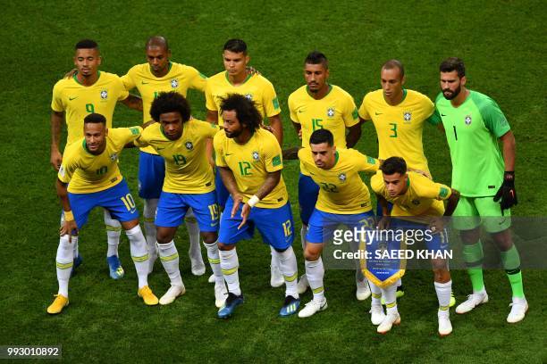 Brazil's forward Gabriel Jesus, Brazil's midfielder Fernandinho, Brazil's defender Thiago Silva, Brazil's midfielder Paulinho, Brazil's defender...