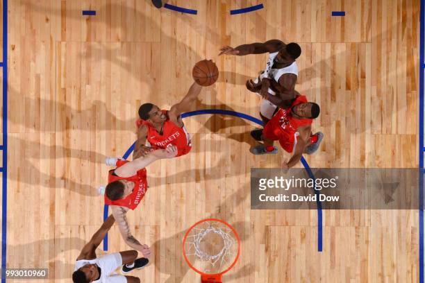 De'Anthony Melton of the Houston Rockets grabs the rebound against the Indiana Pacers during the 2018 Las Vegas Summer League on July 6, 2018 at the...