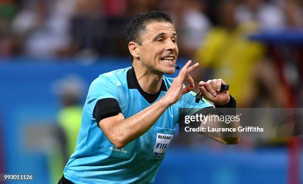 Referee Milorad Mazic gives instructions during the 2018 FIFA World Cup Russia Quarter Final match between Brazil and Belgium at Kazan Arena on July...