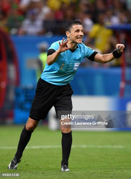 Referee Milorad Mazic gives instructions during the 2018 FIFA World Cup Russia Quarter Final match between Brazil and Belgium at Kazan Arena on July...