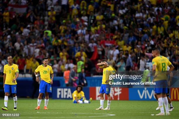 Brazil players look dejected following the 2018 FIFA World Cup Russia Quarter Final match between Brazil and Belgium at Kazan Arena on July 6, 2018...