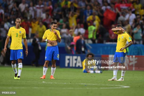 Brazil players look dejected following the 2018 FIFA World Cup Russia Quarter Final match between Brazil and Belgium at Kazan Arena on July 6, 2018...