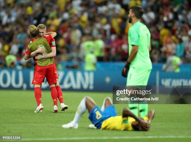 Kevin De Bruyne of Belgium and Dries Mertens of Belgium celebrate following their sides victory in the 2018 FIFA World Cup Russia Quarter Final match...