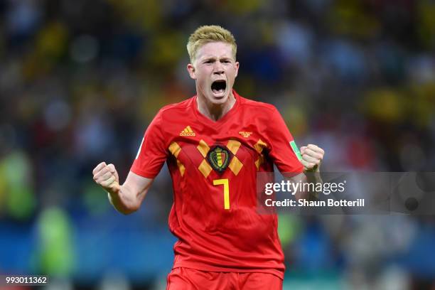 Kevin De Bruyne of Belgium celebrates following his sides victory in the 2018 FIFA World Cup Russia Quarter Final match between Brazil and Belgium at...