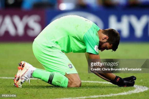 Alisson of Brazil looks dejected during the 2018 FIFA World Cup Russia Quarter Final match between Brazil and Belgium at Kazan Arena on July 6, 2018...