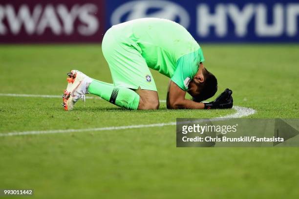 Alisson of Brazil looks dejected during the 2018 FIFA World Cup Russia Quarter Final match between Brazil and Belgium at Kazan Arena on July 6, 2018...