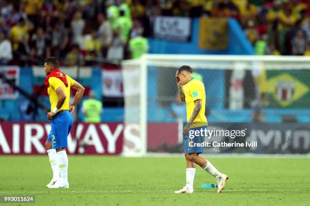 Philippe Coutinho of Brazil looks dejected following his sides defeat in the 2018 FIFA World Cup Russia Quarter Final match between Brazil and...