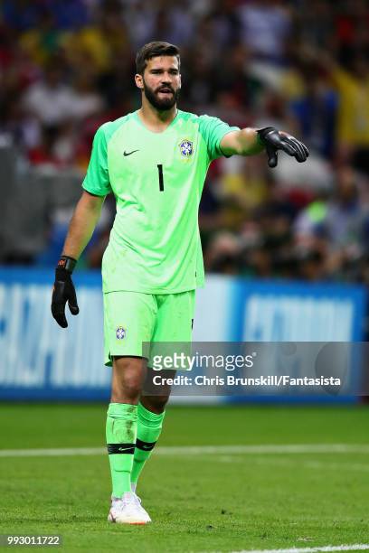 Alisson of Brazil gestures during the 2018 FIFA World Cup Russia Quarter Final match between Brazil and Belgium at Kazan Arena on July 6, 2018 in...