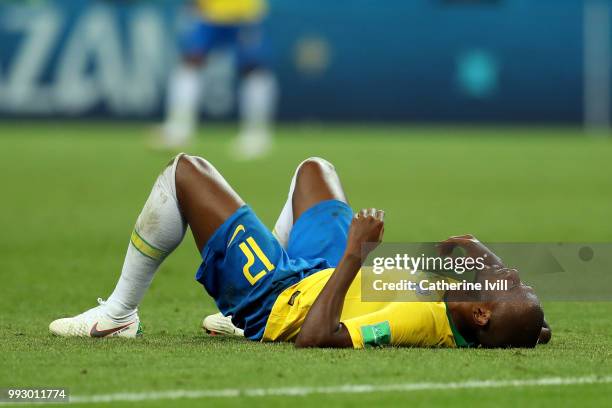 Fernandinho of Brazil looks dejected following his sides defeat in the 2018 FIFA World Cup Russia Quarter Final match between Brazil and Belgium at...