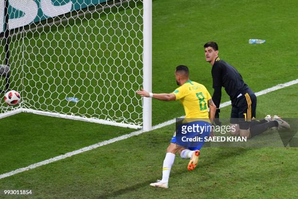 Brazil's midfielder Renato Augusto scores a goal during the Russia 2018 World Cup quarter-final football match between Brazil and Belgium at the...