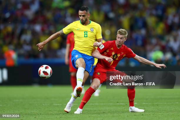 Marouane Fellaini of Belgium challenges Kevin De Bruyne of Belgium during the 2018 FIFA World Cup Russia Quarter Final match between Brazil and...