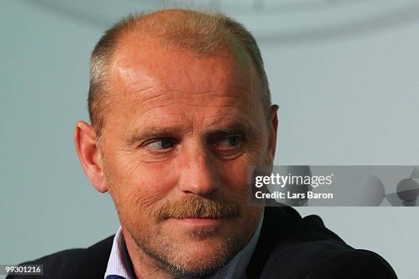 Head coach Thomas Schaaf of Werder Bremen looks on during a press conference prior to the German cup final at the Olympiastadion on May 14, 2010 in...