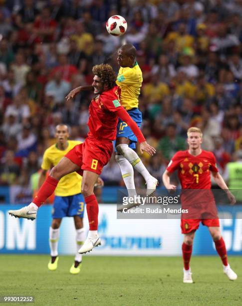 Marouane Fellaini of Belgium and Fernandinho of Brazil battle for the header during the 2018 FIFA World Cup Russia Quarter Final match between Brazil...