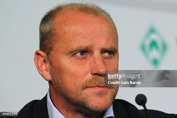 Head coach Thomas Schaaf of Werder Bremen looks on during a press conference prior to the German cup final at the Olympiastadion on May 14, 2010 in...