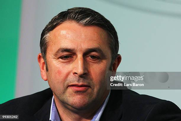 Manager Klaus Allofs of Werder Bremen looks on during a press conference prior to the German cup final at the Olympiastadion on May 14, 2010 in...