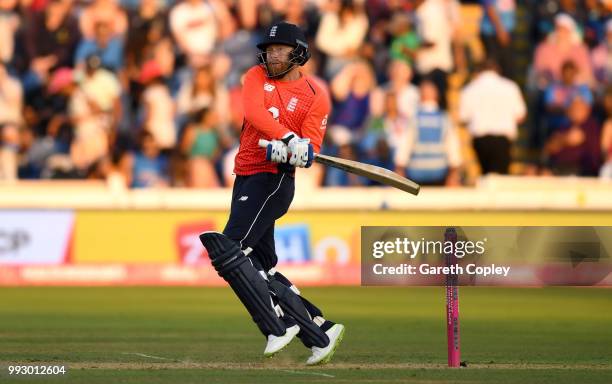 Jonathan Bairstow of England bats during the 2nd Vitality International T20 match between England and India at SWALEC Stadium on July 6, 2018 in...