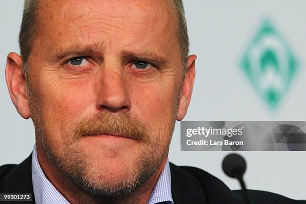 Head coach Thomas Schaaf of Werder Bremen looks on during a press conference prior to the German cup final at the Olympiastadion on May 14, 2010 in...