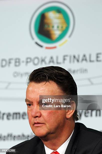 Head coach Louis van Gaal of Bayern Muenchen looks on during a press conference prior to the German cup final at the Olympiastadion on May 14, 2010...