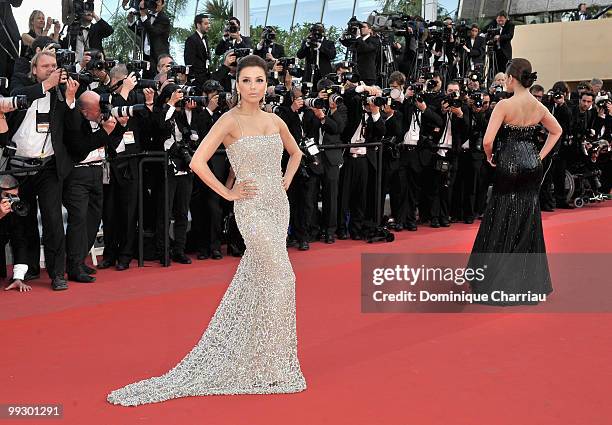 Actresses Eva Longoria Parker and Aishwarya Rai Bachchan attend the Premiere of 'On Tour' at the Palais des Festivals during the 63rd Annual...