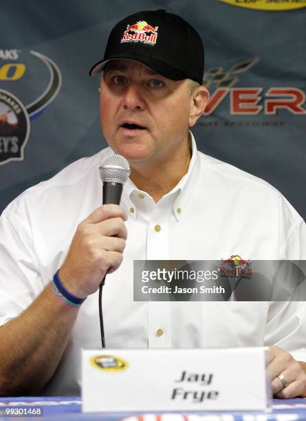 Red Bull Racing Team General Manager Jay Frye addresses the media concerning Brian Vickers during a press conference at Dover International Speedway...