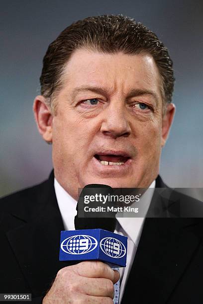 Channel 9 commentator and former rugby league player Phil Gould talks on camera before the round 10 NRL match between the Canterbury-Bankstown...