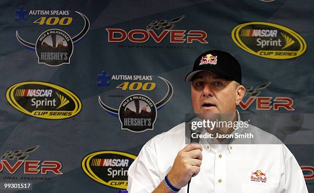 Red Bull Racing Team General Manager Jay Frye addresses the media concerning Brian Vickers during a press conference at Dover International Speedway...