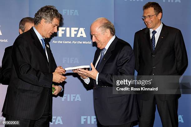 Angel Maria Villar Llona, President of RFRF and President of Spanish/Portuguese Bid Committee presents their Bid Book to Sepp Blatter, FIFA President...
