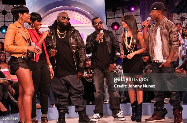 Dawn Richard and Kalenna of "Dirty Money", Rick Ross, Sean "Diddy" Comb, Rocsi and Terrence J. On the set of BET's "106 & Park" at BET Studios on May...
