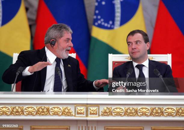 Russian President Dmitry Medvedev meets with Brazilian President Luiz Inacio Lula da Silva at the Kremlin May 2010 in Moscow, Russia. Luiz Inacio...