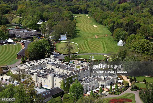 View of the the par 4, 1st hole with the clubhouse complex in the foreground on the recently renovated West Course at the Wentworth Club venue for...