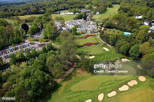 View of the the par 4, 1st hole with the clubhouse complex in the foreground on the recently renovated West Course at the Wentworth Club venue for...