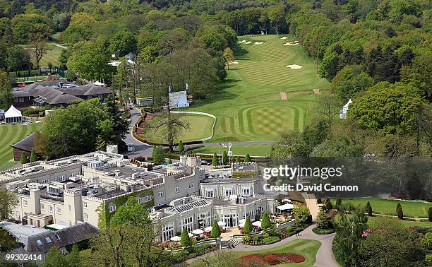 View of the the par 4, 1st hole with the clubhouse complex in the foreground on the recently renovated West Course at the Wentworth Club venue for...