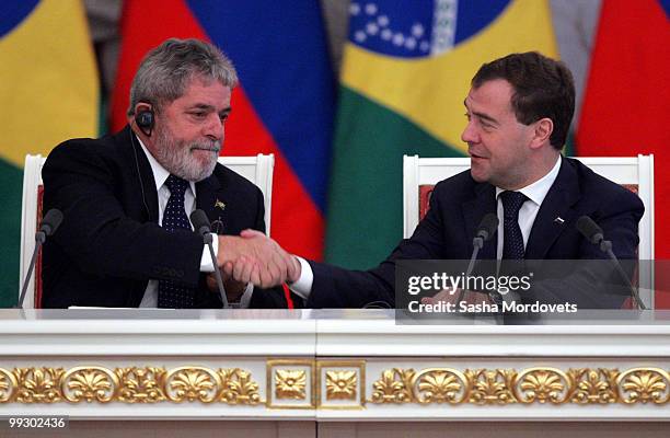 Russian President Dmitry Medvedev meets with Brazilian President Luiz Inacio Lula da Silva at the Kremlin May 2010 in Moscow, Russia. Luiz Inacio...