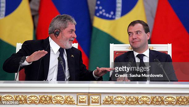 Russian President Dmitry Medvedev meets with Brazilian President Luiz Inacio Lula da Silva at the Kremlin May 2010 in Moscow, Russia. Luiz Inacio...