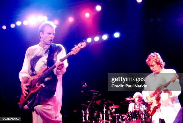 The Police, left to right, Sting, Stewart Copeland, and Andy Summers, perform onstage at the Rosemont Horizon in Rosemont, Illinois, June 13, 1986.