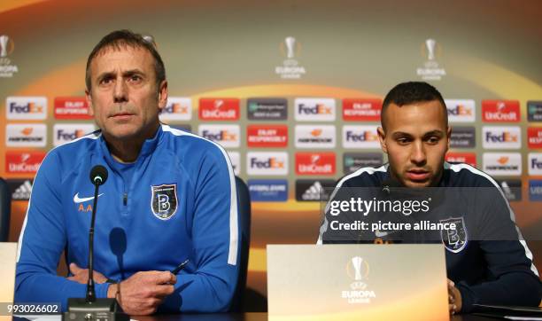 Basaksehir's coach Abdullah Avci and player Kerim Frei can be seen during a press conference of Istanbul Basaksehir ahead of the Europa League soccer...