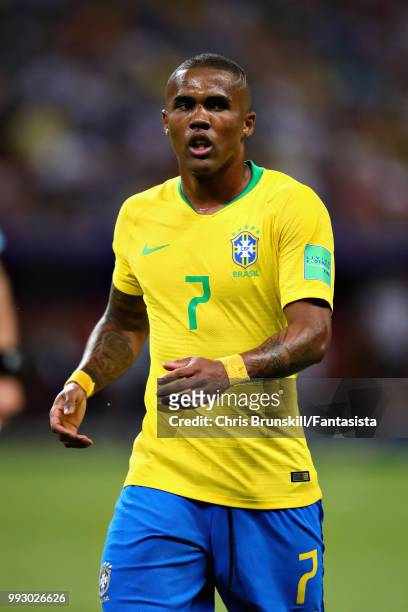 Douglas Costa of Brazil looks on during the 2018 FIFA World Cup Russia Quarter Final match between Brazil and Belgium at Kazan Arena on July 6, 2018...