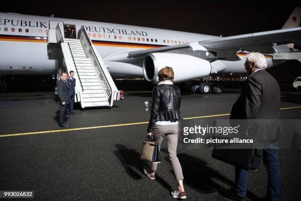 German president Frank-Walter Steinmeier and his wife Elke Buedenbender board an Airbus A340 of the Federal Armed Forces Special Air Mission heading...