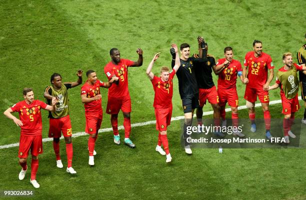 Belgium players acknowledges the fans followingthe 2018 FIFA World Cup Russia Quarter Final match between Brazil and Belgium at Kazan Arena on July...