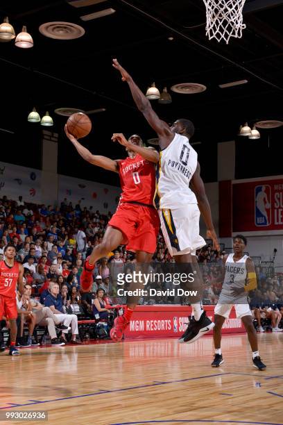 De'Anthony Melton of the Houston Rockets goes to the basket against the Indiana Pacers during the 2018 Las Vegas Summer League on July 6, 2018 at the...