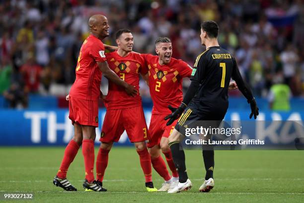 Vincent Kompany, Thomas Vermaelen, Toby Alderweireld and Thibaut Courtois of Belgium celebrate their victory following the 2018 FIFA World Cup Russia...