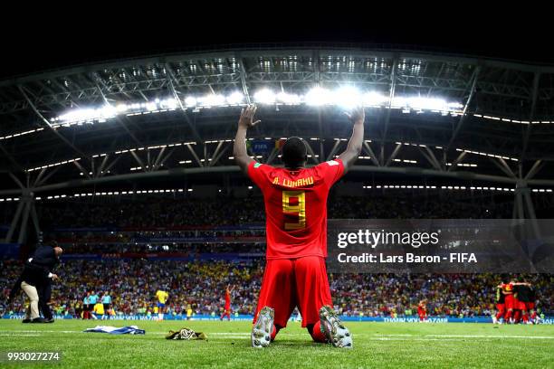 Romelu Lukaku of Belgium celebrates following his sides victory in the 2018 FIFA World Cup Russia Quarter Final match between Brazil and Belgium at...