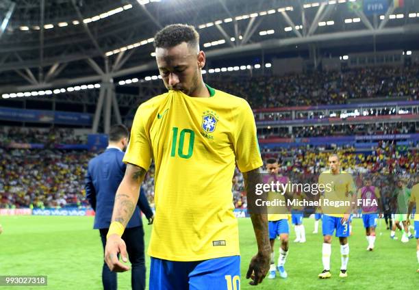 Neymar Jr of Brazil looks dejected following his sides defeat in the 2018 FIFA World Cup Russia Quarter Final match between Brazil and Belgium at...