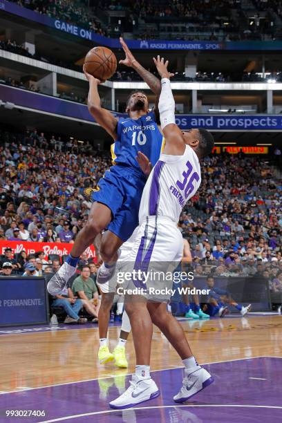 Jacob Evans of the Golden State Warriors shoots the ball against the Sacramento Kings on July 3, 2018 at Golden 1 Center in Sacramento, California....