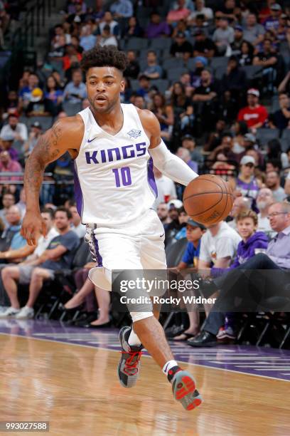 Frank Mason III of the Sacramento Kings handles the ball against the Golden State Warriors on July 3, 2018 at Golden 1 Center in Sacramento,...