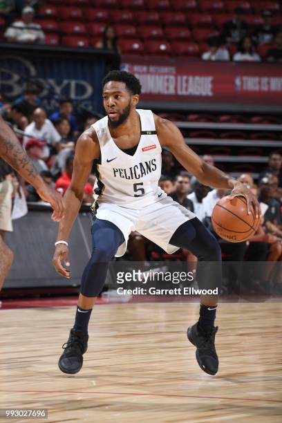Chasson Randle of the New Orleans Pelicans handles the ball against the Toronto Raptors during the 2018 Las Vegas Summer League on July 6, 2018 at...