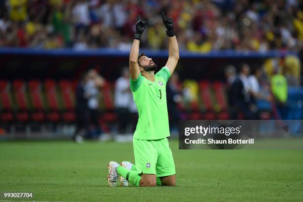 Alisson of Brazil at the final whistle after defeat during the 2018 FIFA World Cup Russia Quarter Final match between Brazil and Belgium at Kazan...